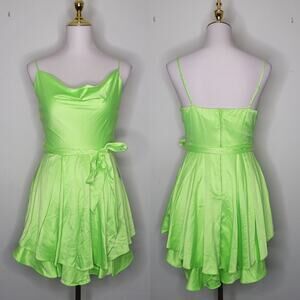 B Darlin Sz 4 Tinkerbell Green Tiered Cowl Neck Flowy Fairy Mini Satin Dress NWT